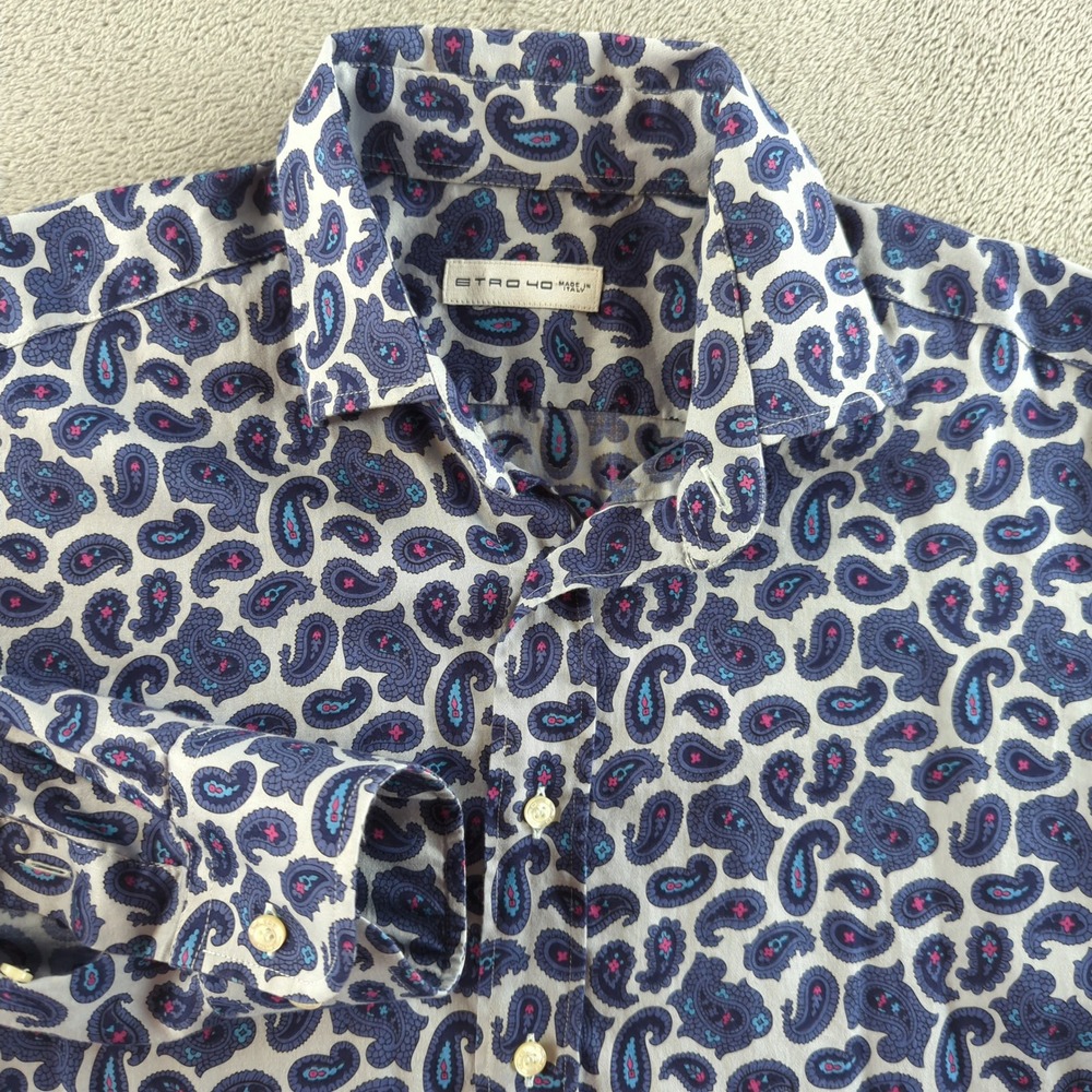 Etro Mens Shirt Size 40 (US Medium) Blue White Paisley Button-Down L/S Italy